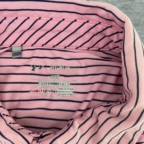 Under Armour Heatgear Golf Polo Pink Black Stripe Loose‎ Fit  Mens Size 2XL - Picture 4 of 6